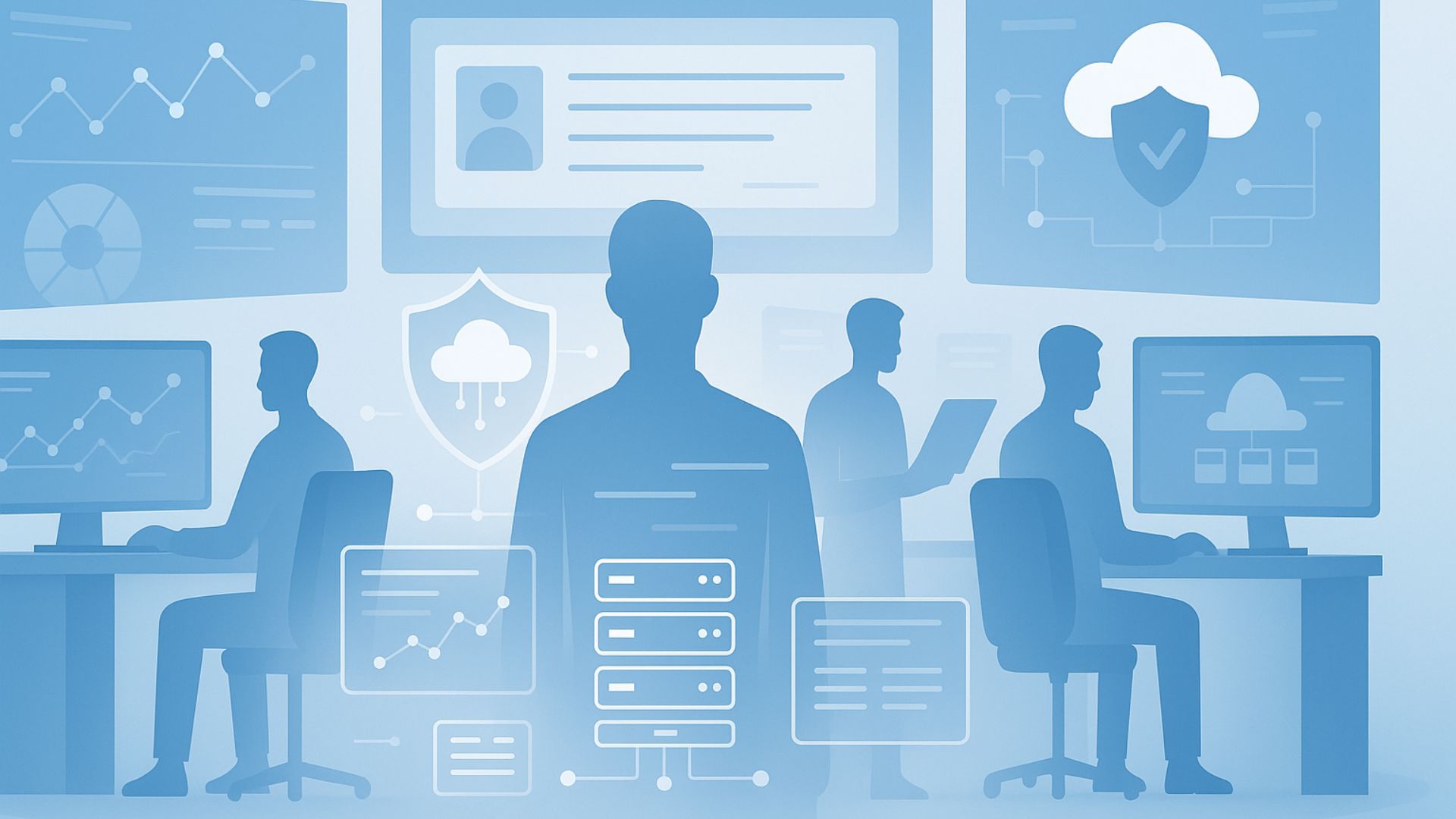 Digital illustration of a team of IT professionals monitoring systems and infrastructure, representing outsourced IT support.